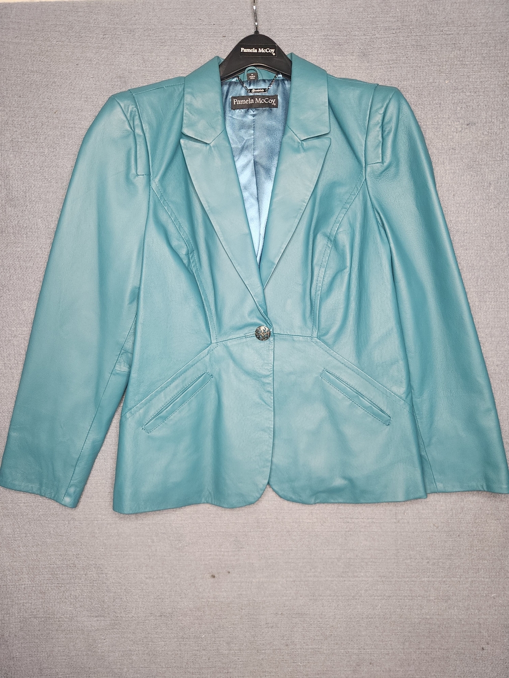 Pamela McCoy Teal Leather Single-Button Blazer